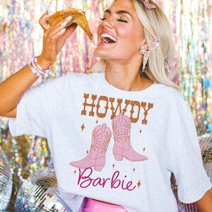 Pink and Orange Distressed Howdy Barbie Western Grey T Shirt
